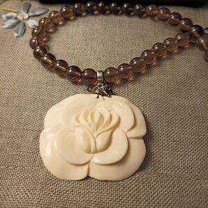 Women’s Cream Flower Pendant Necklace with Brown Beaded Chain